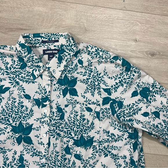 Lands' End Floral Teal Top Shirt Blouse Plus Size 18P 18 Petite 3/4 sleeves - Picture 2 of 8
